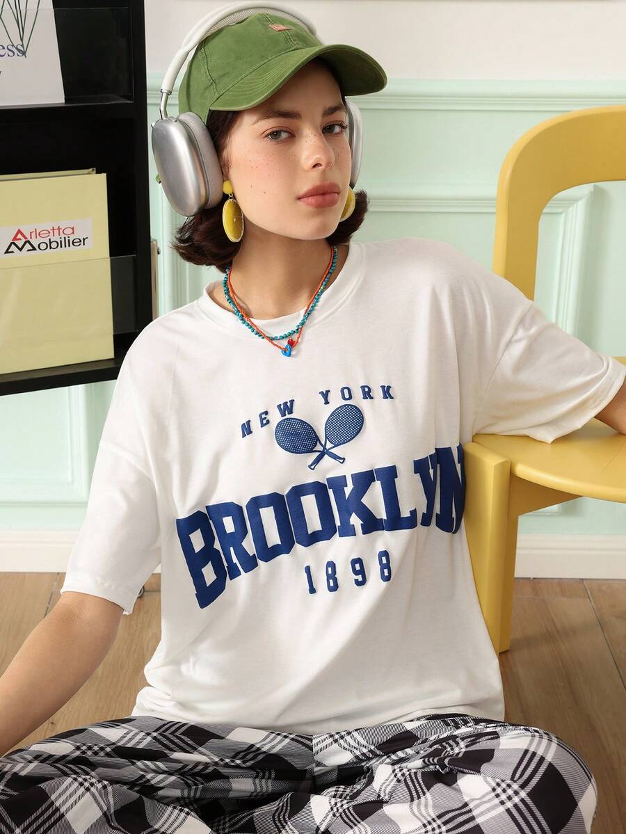 Chillnights Young Fashion Energetic Fun Text Print Minimalist Casual Drop Shoulder Design Loose Fit Women's Pajama Top - White - View 1