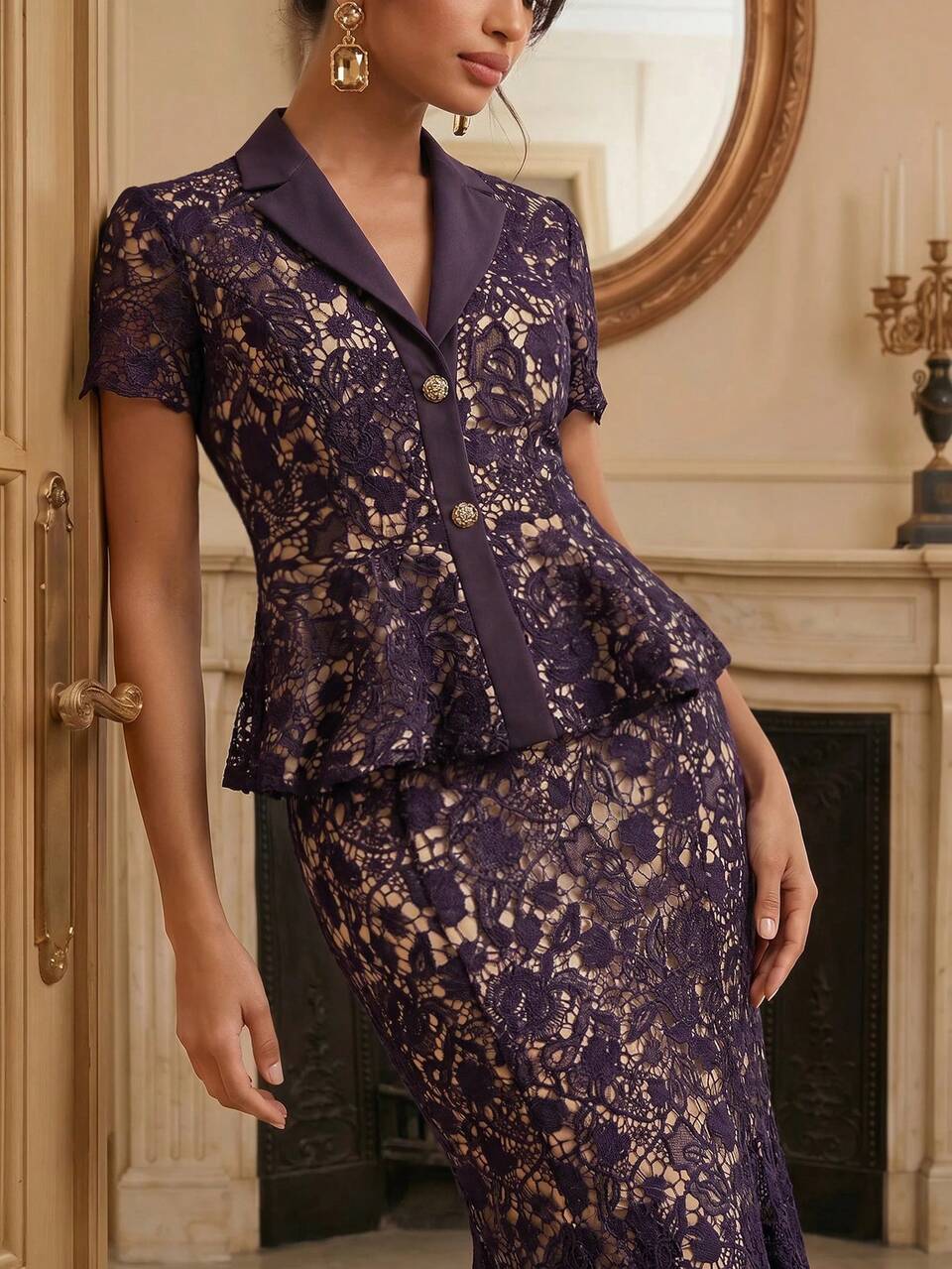 Savoree New Summer Women's Premium Purple Water-Soluble Lace Lapel Collar Slimming Waist Mermaid Long Skirt 2 Pieces Set