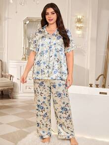 MuseNap CURVE Floral Faux Silk Open Front Lapel Short Sleeve Long Pants Plus Size Pajama Set Night Lounge Light Purple Summer Elegant - Multicolor - View 6