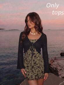 SHEIN MOD Retro V-Neck Cropped Bell Sleeve Tie-Up Cardigan For Women Black Tops - Black - View 5