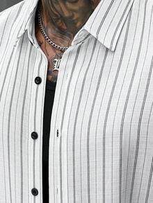 SLATEMANN Men's White Vintage Textured Linen-Like Vertical Stripe Casual Business Commute Versatile Short Sleeve Shirt, Summer - White - View 4