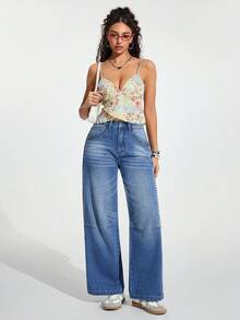 Jeanoix Women's Rivet Design Pocket Wide Leg Loose Casual Street Streetwear Denim Jeans Going Out Everyday Travel Night Out Light Blue Fall - Blue - View 6