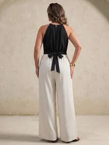 SHEIN LUNE CURVE 2026年春夏新款女款掛脖式串珠條紋連身褲，休閒度假辦公穿搭，時尚街頭居家連身褲 - 彩色 - 查看 8