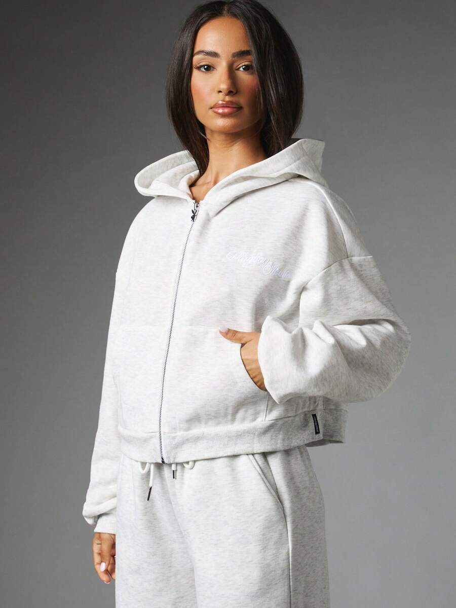 Missguided x Playboy Full-Zip Crop Hoodie With Embroidered Script Logo Front And Back Oversized Fit Long Sleeve Side Pockets - Light Grey - View 1