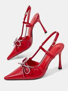 CUCCOO HITCHD Red Glossy Patent Leather Pointed Back Empty Rhinestone Bow Thin Strap Metal Buckle Wedding Shoes, Bridal Wedding Banquet Dating Temperament Fashion - Red - View 6