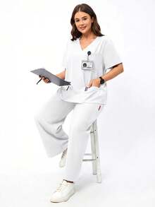 TaskEZ Women's Plus Size Surgical Gown Top And Pants Loose Two Pieces Set - White - View 3