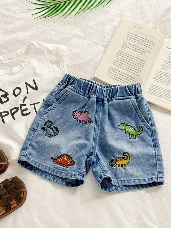 Quần short denim cho bé trai, thêu họa tiết khủng long, màu xanh dương.