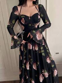 Feyla 女款花卉印花優雅收腰派對中長洋裝 - 黑色 - 查看 7
