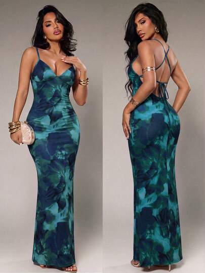 Radiana Women's Elegant Sexy Floral Print Backless Dress