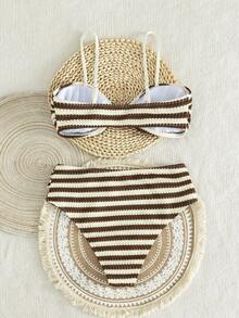 SHEIN Swim Women's Textured Striped Fabric Front Metal Decor 2 Pieces Swimwear Set, Summer Beach Party Vacation Style Swimwear - Multicolor - View 3
