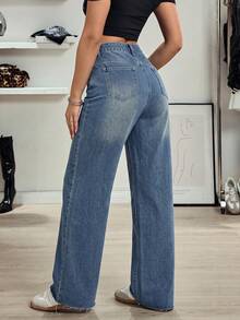 SHEIN Tall 高個女款休閒百搭交叉鈕扣腰直筒牛仔褲 - 深色水洗藍 - 查看 2