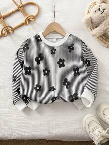 SHEIN 女童黑白條紋格紋圓領抓絨套頭衫 - 黑與白 - 查看 1