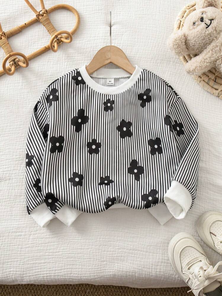 SHEIN Young Girl Young Gir Black And White Stripes Plaid Fleece Pullover With Round Neck - Black and White - View 1