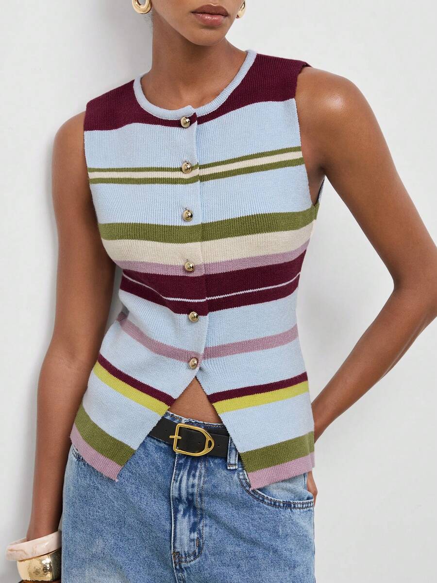 Maija Women's Colorful Striped Knit Top With Metal Button Decoration, Sleeveless Round Neck - Multicolor - View 1