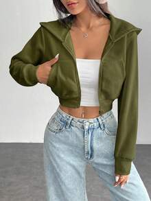 SHEIN PETITE 女款純色前拉鍊長袖口袋上衣 - 軍綠色 - 查看 7