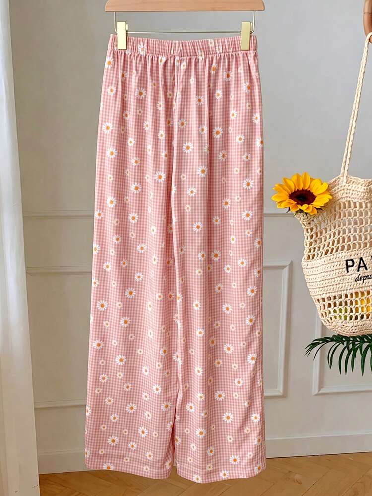 Comfortcana Women's Daisy Plaid Pattern Waist Tie Loose Casual Long Pants - Pink - View 3