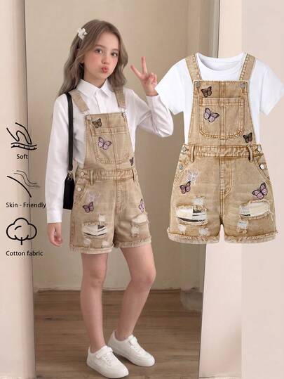 SHEIN Elladie kids Celana Pendek Overall Denim Kasual Sehari-hari Gaya Urban untuk Remaja Perempuan, Warna Terang, Bordir Kupu-kupu Lucu, dengan Hem Sobek dan Tepi Berumbai.