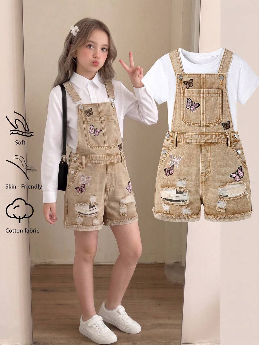 SHEIN Elladie kids Denimly 青少年女孩休閒日常都市街頭淺色水洗可愛蝴蝶刺繡牛仔吊帶短褲,破洞磨損下擺與毛邊設計 - 卡其色 - 查看 1