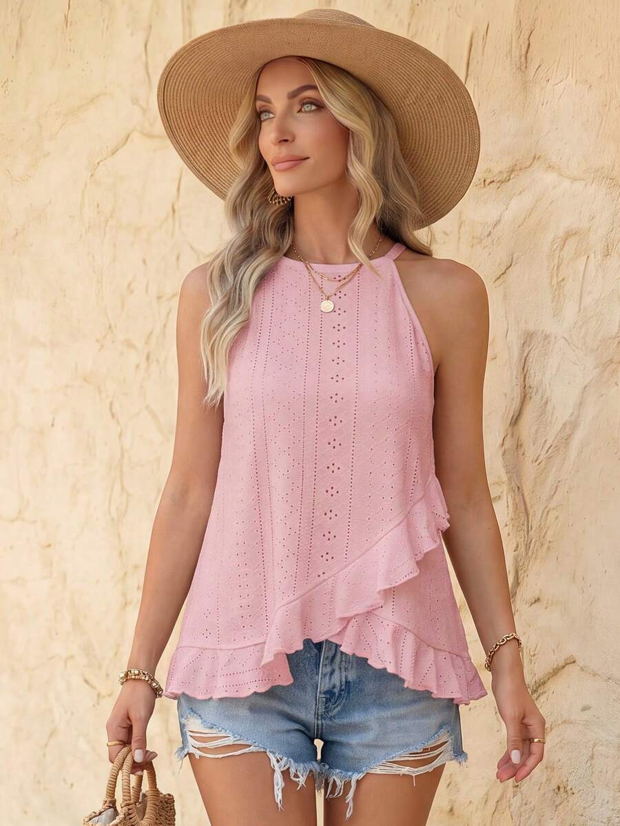 EMERY ROSE Women's Summer Minimalist Solid Color Hollow Embroidery Asymmetric Hem Camisole - Pink - View 1