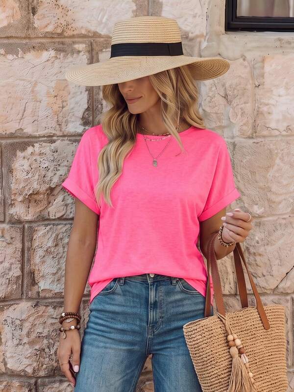 EMERY ROSE Women's Solid Color Simple Daily Round Neck Short Sleeve T-Shirt