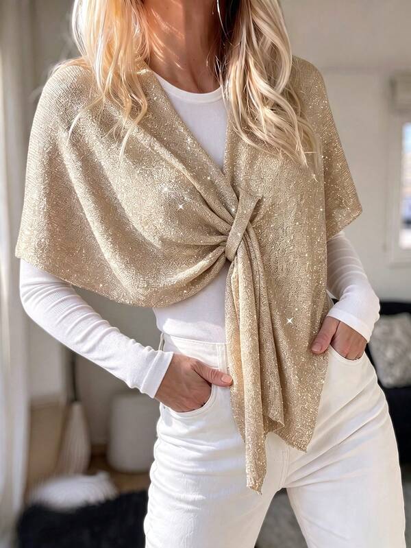 Sprig & Strand Early Autumn New Casual Elegant Solid Color Gold Thread Shiny Loose Lazy Shawl Cardigan For Women, Suitable For Vacation, Daily Wear, Gathering, Commuting, Party, Dating