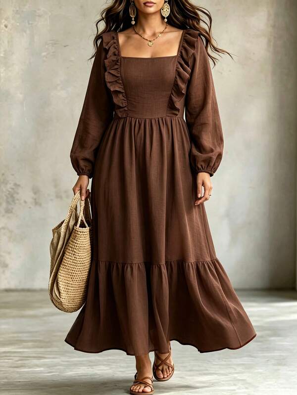 Linhara CURVE Damen-Kleid in großen Größen mit quadratischem Ausschnitt, Rüschenbesatz, langen Ärmeln, geraffter Taille, gerafftem Rücken und vollem Rock, lässiges Urlaubs-Kleid