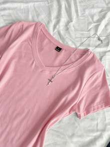 SHEIN EZwear 3件組女款夏季V領修身T恤，龐克次文化動漫純色基礎款短袖修身T恤 - 彩色 - 查看 5