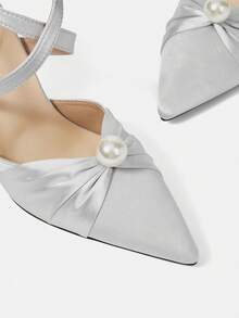 CUCCOO HITCHD Women Ruched Satin Mule High Heels, Faux Pearl Decor Pointed Toe Ankle Buckle Strap Stiletto Sandals For Evening Wedding Bridal Dress Shoes - silver gray - View 7