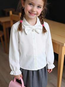 Young Girl Young Girl Woven Solid Color 3D Bow Casual Shirt - White - View 3