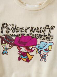 THE POWERPUFF GIRLS X SHEIN 女嬰可愛卡通印花圓領短袖T恤與喇叭豹紋印花褲套裝 - 杏色 - 查看 5