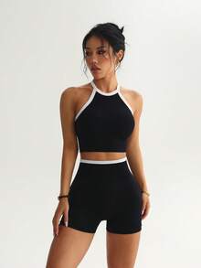 Dewbera Dewbera 黑白對比掛脖扭轉背款女款運動套裝，運動內衣、高腰瑜伽短褲 2 件套，健身房夏季運動性感 - 黑色 - 查看 5