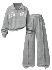SHEIN Sparklyn 青少年女孩返校休閒校園日常字母印花運動衫 春/秋/冬 -件，加厚抓絨內裡 - 灰色 - 查看 3