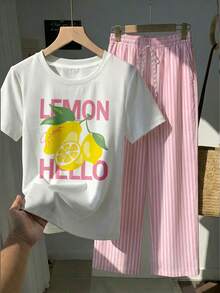 Comfortcana 女款休閒短袖T恤與條紋長褲套裝，夏季穿搭，檸檬印花、條紋印花，適合日常通勤、約會、聚會，秋冬春夏，聖誕節、新年、感恩節、派對、婚禮、海灘、畢業典禮，時尚優雅休閒，適合外出、約會、通勤 - 彩色 - 查看 4