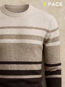 AKNOTIC Men's Contrast Color Striped Long Sleeve Crew Neck Sweater, For Spring - Coffee Brown - View 9