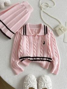 SHEIN 女童粉色針織兩件套，可愛刺繡兔子毛衣 + 針織迷你裙，長袖V領套頭衫附扭繩裝飾，休閒優雅風，適合秋冬 - 粉色 - 查看 6