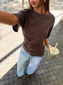 Aloruh Women's Casual Versatile Coffee Brown T-Shirt, Autumn T-Shirt, Round Neck T-Shirt, Waist-Cinching Asymmetrical T-Shirt Brunch Tops Going Out Tops - Rust Brown - View 10