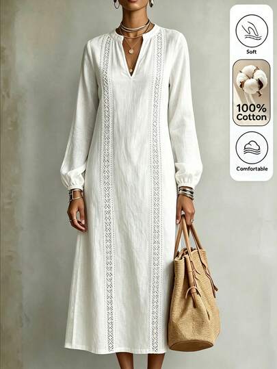 Omancia Women's Fashion Lace Patchwork Long Sleeve Vacation Dress Vacation White Autumn Boho Elegant