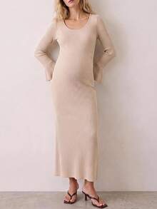 Modmama Maternity Solid Color Round Neck Flared Sleeve Slim Fit Elegant Dress Fall,Autumn Outfit For Women Photoshoot Beige - Apricot - View 3