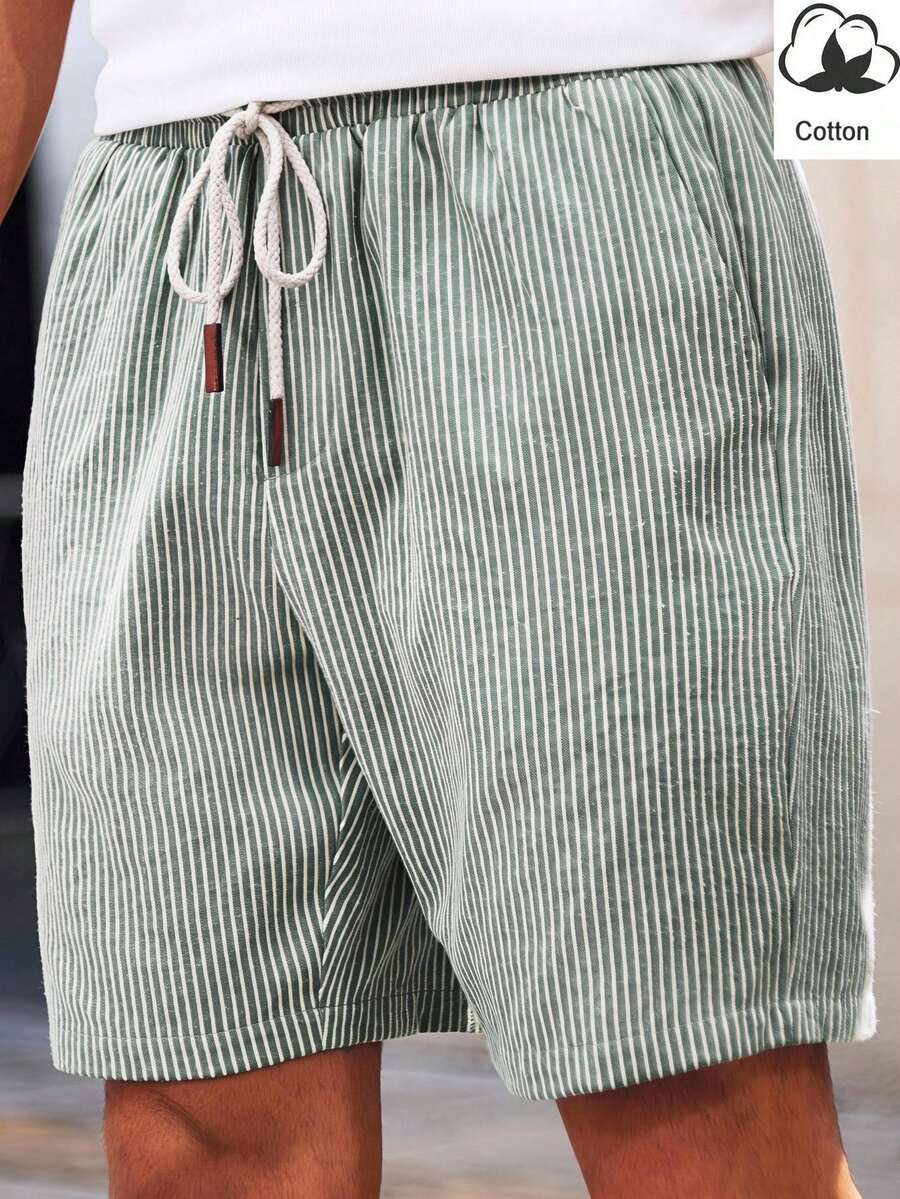 HIMLAND Men's Casual Tropical Green And White Striped Shorts For Summer Beach - Green - View 1