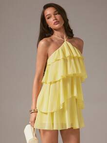 L'Amorae Women's Romantic Wedding Guest Solid Color Backless Multi-Layer Chiffon Mini Dress, Elegant Formal Dress, Chic, New Year, Party, Birthday Dress - Yellow - View 3