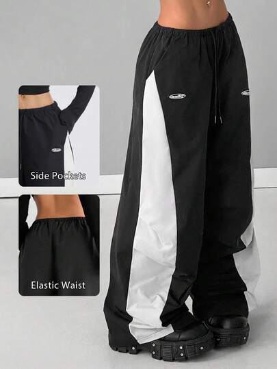 SHEIN PETITE CURVE Plus Size Women's Summer Concert Streetwear Color-Blocked Parachute Pants/Winter Pants Flow Wide Leg Track Baggy Fall