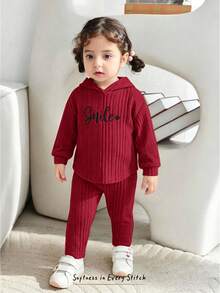 Cozy Pixies Baby Girl 2pcs Set Fashion Casual Drop Shoulder Ribbed Knit "Smile" Pattern T-Shirt And Leggings, Girls Ribbed Set, Girls Autumn Set, Girls Comfortable Set, Girls Sports Set - Burgundy - View 1