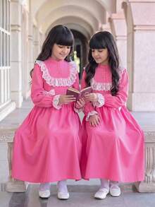 SHEIN 青少年女孩休閒學院風日常百搭舒適拼色翻領洋裝 開學季秋冬穿搭 - 粉色 - 查看 2