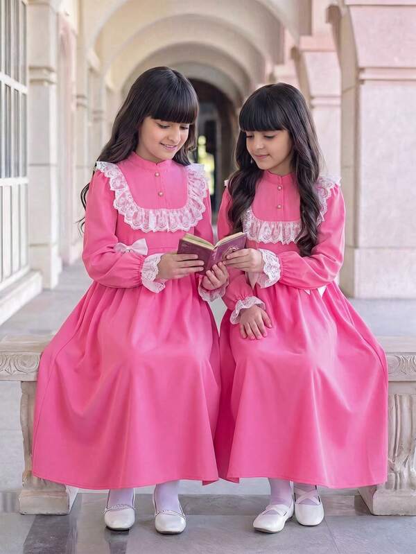 SHEIN 青少年女孩休閒學院風日常百搭舒適拼色翻領洋裝 開學季秋冬穿搭
