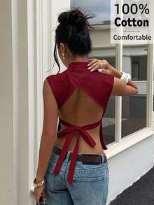 Aloruh 女款春夏純色立領前鏤空後綁帶露背腰部綁帶白色無袖襯衫，適合通勤、辦公、日常、街頭、休閒 - 酒紅色 - 查看 5