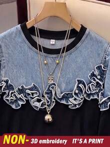 Resyla Women's Denim Effect Ruffle Hem Round Neck Long Sleeve Casual T-Shirt - Multicolor - View 3