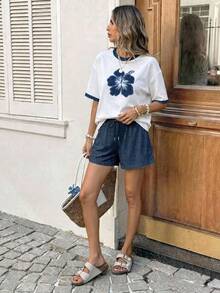SHEIN LUNE 女款圓領落肩上衣與抽繩短褲休閒兩件套，夏季休閒穿搭 - 彩色 - 查看 8