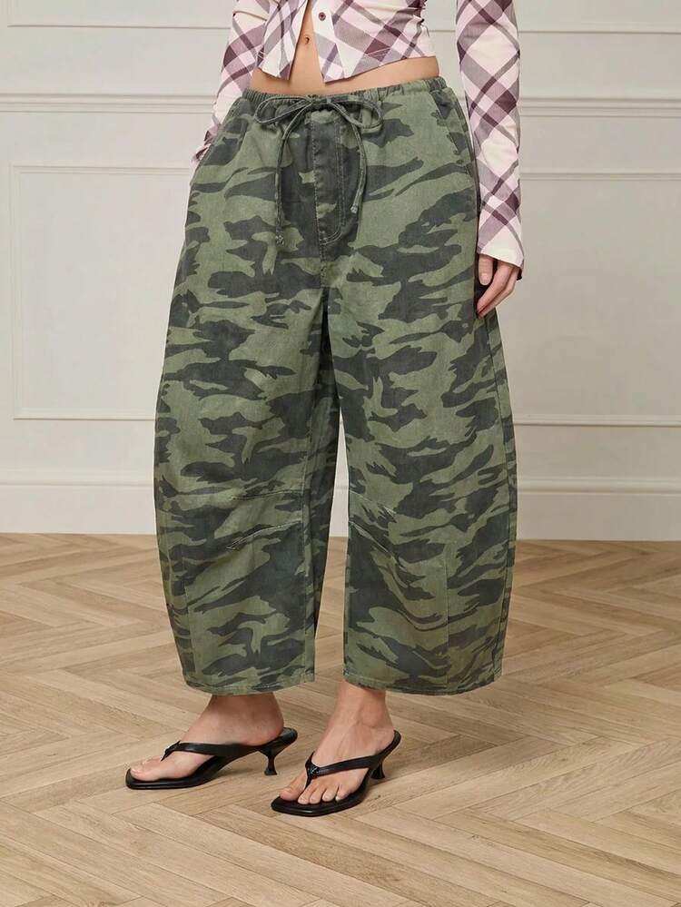 COUREZ Quần jeans dáng lửng ống rộng cạp chun họa tiết rằn ri phong cách Y2K, quần đi chơi cho lễ hội và tiệc tùng, mùa thu hè - xanh quân đội - Xem 4
