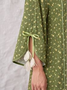 Yasmyna Frisches Ditsy-Blumen-Band-Patchwork, locker, schlankmachend, 3D-Blumen, sanft, jugendlich, elegant, lässig, Damen-Blumenkleid, Morgenausgang, Grün, Winter - Verschiedenfarbig - Übersicht 2
