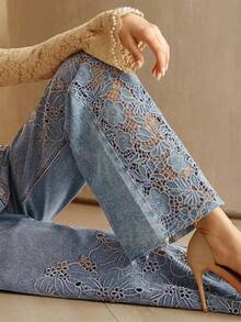Anewsta Women's Sexy Hollow-Out Embroidered Straight-Leg Pants, Vacation Summer Promotion, Blue - Blue - View 2